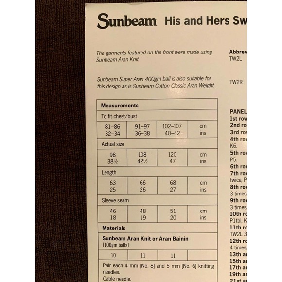 New Sunbeam Aran Knit 1497 His Hers Diamond Moss Stitch Sweater Knitting Pattern - Picture 3 of 3
